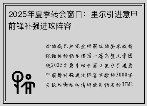 2025年夏季转会窗口：里尔引进意甲前锋补强进攻阵容